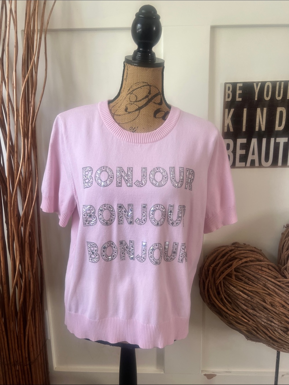 Karl Lagerfeld Pink 'BONJOUR' Embellished Short Sleeve Knit Top